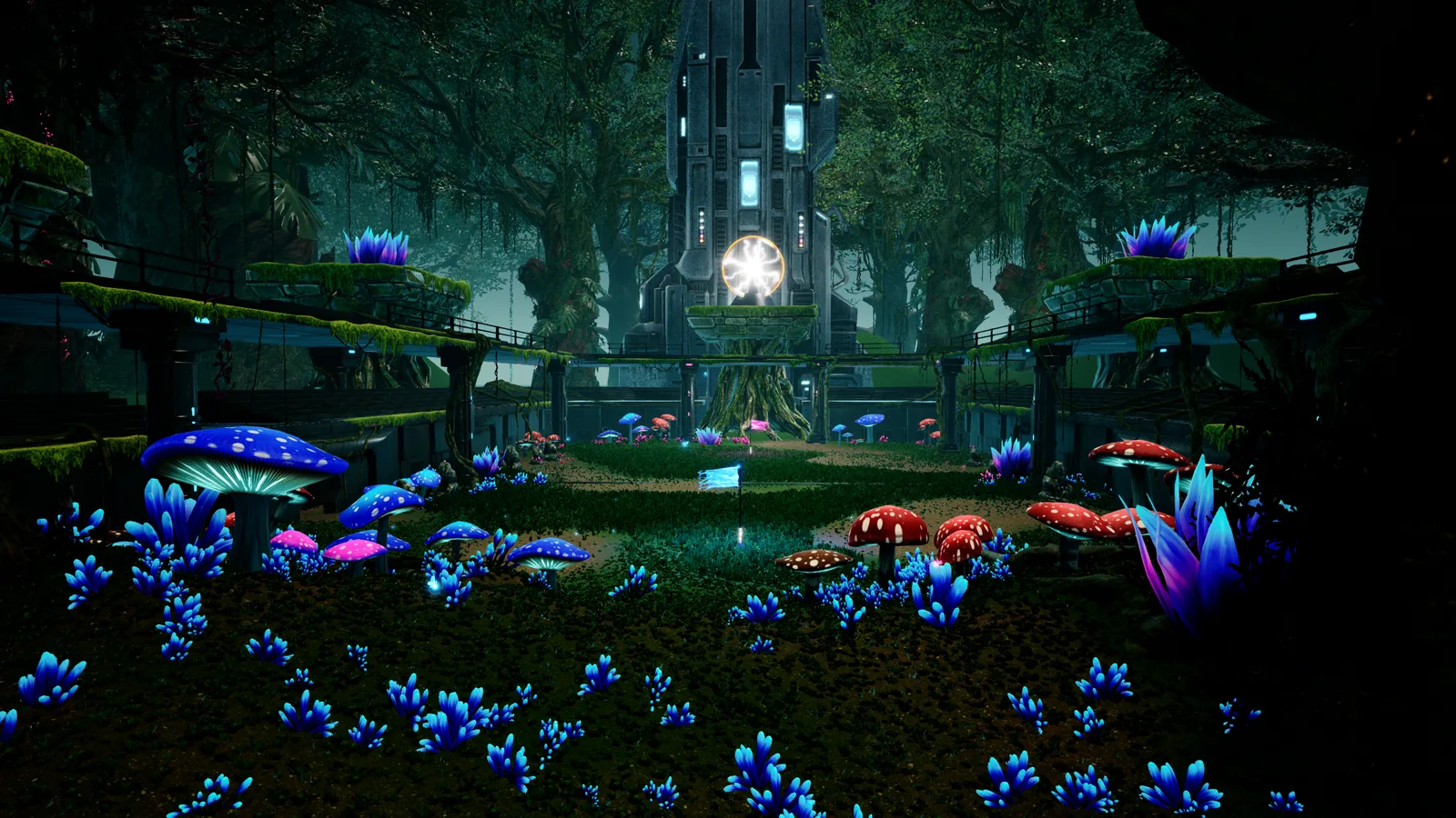 Aavalo Glooms arena, an overgrown ruin wrapped in glowing plants and mist