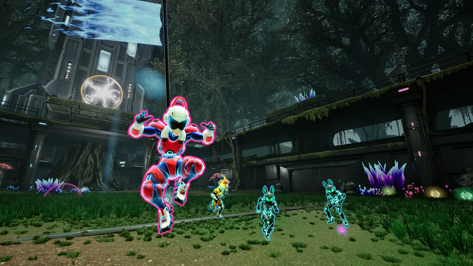 A flag carrier leaping through an overgrown arena