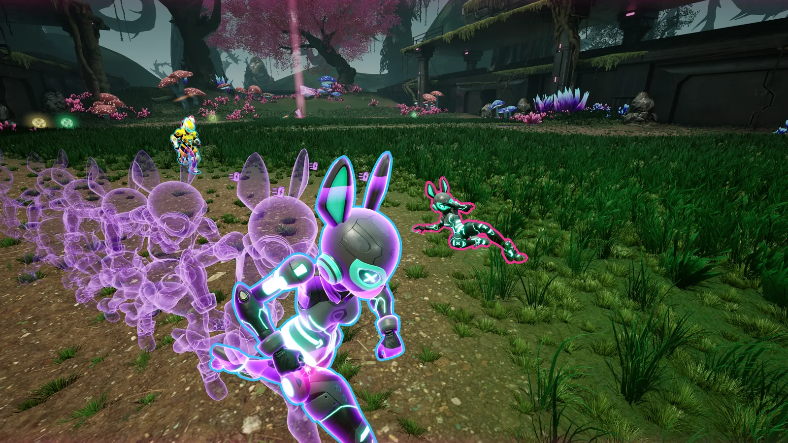A player trailing violet afterimages while running with Hype Juice