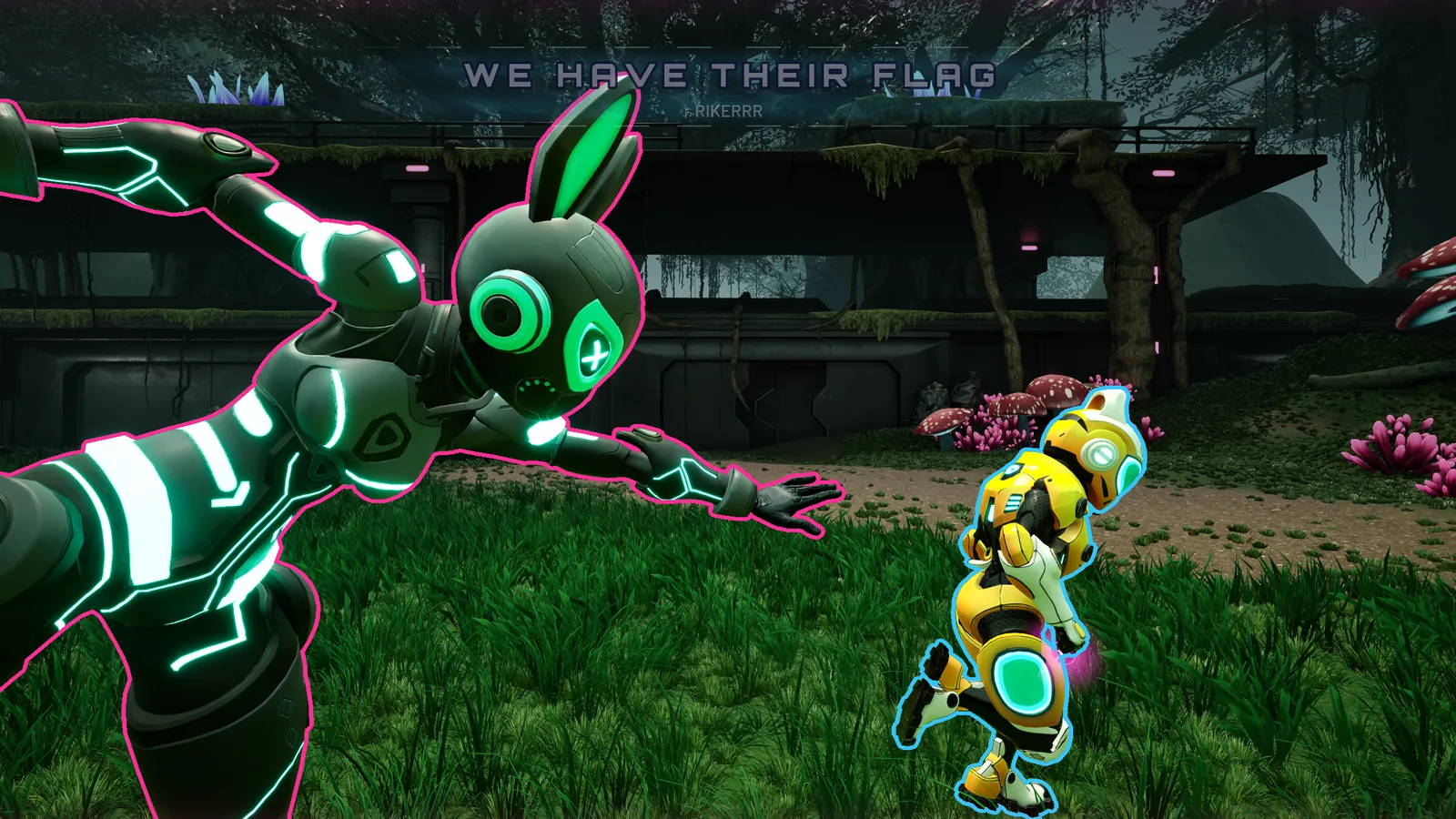 A player reaching out to tag an enemy carrying the flag